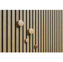 Drevený panel so štyrmi okrúhlymi drevenými háčikmi
