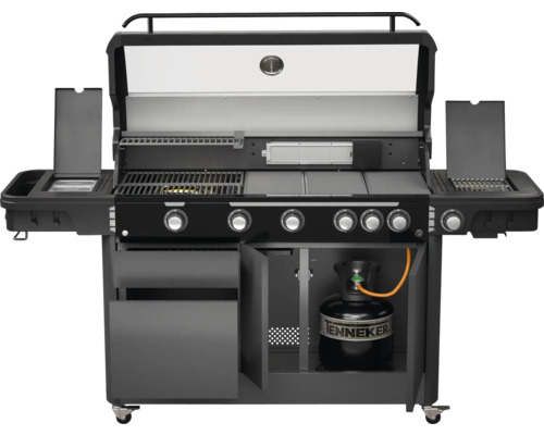 Plynový gril s otvorenou kapotou a plynovou fľašou