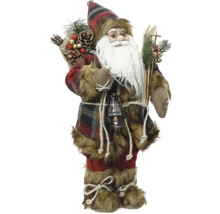 Dekoratívny Santa Claus s kockovanou čiapkou, bradou a doplnkami, ako je lampáš a lyže