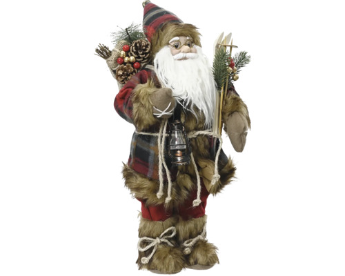 Dekoratívny Santa Claus s kockovanou čiapkou, bradou a doplnkami, ako je lampáš a lyže