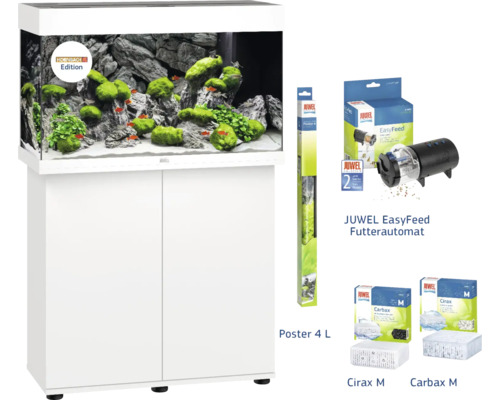 Akvarijný set Juwel Rio 125 akvárium + skrinka Hornbach edícia biely Kompletná akvarijná súprava so skrinkou, kŕmnym automatom, plagátom a filtračnými médiami
