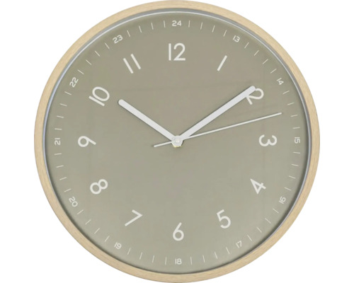 Okrúhle nástenné hodiny so svetlým dreveným rámom a ciferníkom