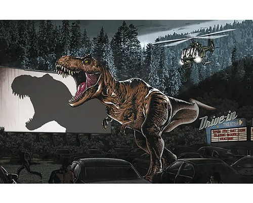 Obraz Decopanel Jurassic World 90x58cm Scéna s Tyranosaururom Rexom, autokinom, helikoptérou a utekajúcimi ľuďmi