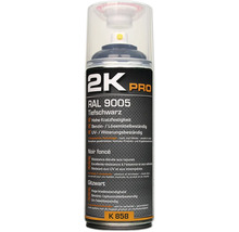 2K Pro RAL 9005 hlboká čierna laková sprejová dóza s vysokou odolnosťou proti poškriabaniu, odolnosťou voči benzínu a rozpúšťadlám a odolnosťou proti UV žiareniu a poveternostným vplyvom.