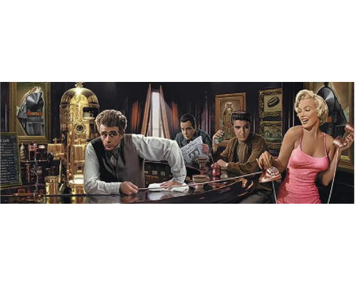 Barová scéna so slávnymi osobnosťami ako James Dean, Elvis Presley a Marilyn Monroe
