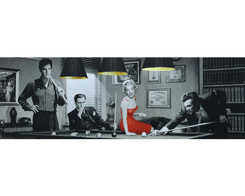 Obraz Decopanel Marilyn Monroe 155x53cm Čiernobiela fotografia scény s Elvisom Presleym, Marilyn Monroe, Humphrey Bogartom a Jamesom Deanom hrajúcimi biliard