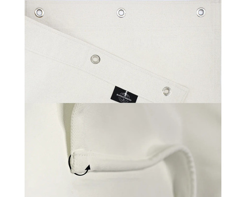 Detailný pohľad na nepriehľadnú látku s očkami a logom Burschberg