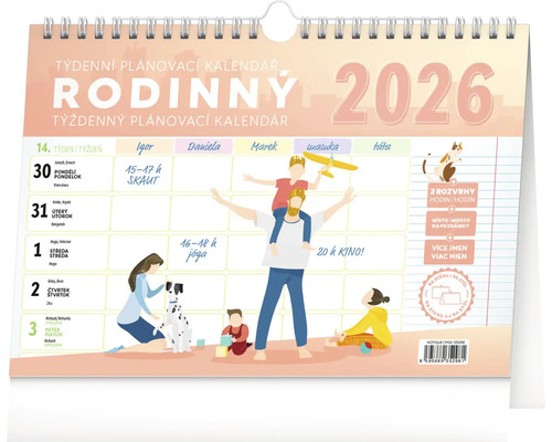 Rodinný plánovací kalendár na rok 2026 s ilustráciami rodinných aktivít