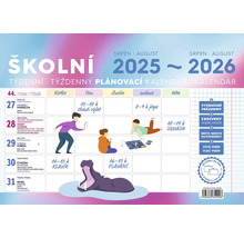 Školský plánovací kalendár 2025 až 2026 s ilustráciami voľnočasových aktivít