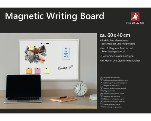 Magnetická tabuľa na písanie s rozmermi približne 60 x 40 centimetrov s dreveným rámom a príslušenstvom na stole