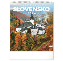 Nástenný kalendár Slovensko 2026 s výhľadom na krajinu mesta s kostolom