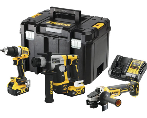 Aku combo sada náradia 18V DeWalt DCK355P2T, 2x5,0 Ah XR, bezuhlíkový motor Kufor na náradie DeWalt s akumulátorovým vŕtacím kladivom, akumulátorovým vŕtacím skrutkovačom, akumulátorovou uhlovou brúskou a nabíjačkou