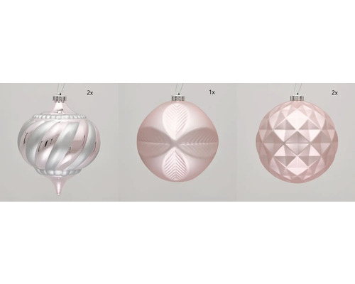 Sada vianočných gúľ, pozostávajúca z dvoch ozdobných gúľ, jednej gule s motívom listov a jednej gule s kosoštvorcovým vzorom