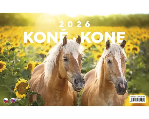 Kalendár koní 2026 s obrázkom dvoch koní pred slnečnicovým poľom