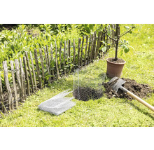 Záhradná scéna s dreveným plotom, mladým stromom v kvetináči, rýľom a drôteným pletivom na ochranu rastlín.