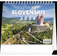 Stolový kalendár Rozprávkové Slovensko 2026 s obrázkom krajiny s hradom.