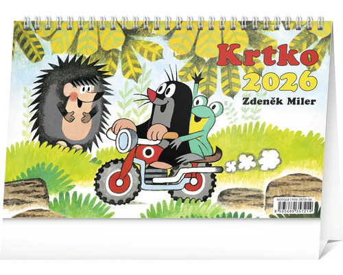 Krtko Kalendár 2026 s krtkom, ježkom a žabou na motorke
