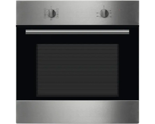 Vstavaná nerezová rúra s čiernymi sklenenými dverami a otočnými gombíkmi