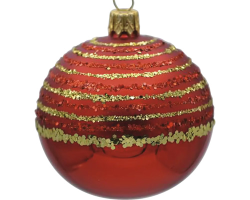 Sklenená vianočná ozdoba 9 cm x 9 cm x 10,5 cm červená Červená vianočná guľa so zlatými pruhmi na ozdobu