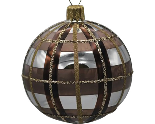 Sklenená vianočná ozdoba 7 cm x 7 cm x 8,5 cm hnedo-strieborná Vianočná guľa s mriežkovým vzorom na dekoráciu