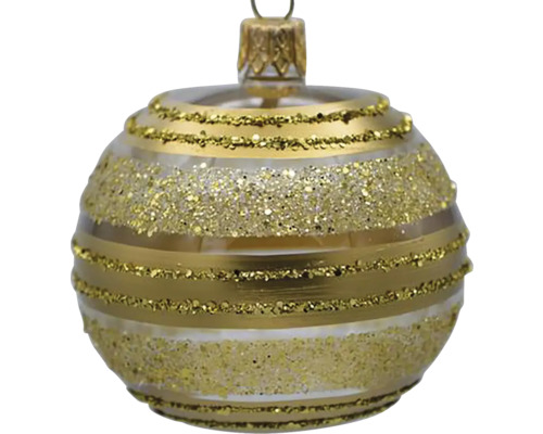 Sklenená vianočná ozdoba 9 cm x 9 cm x 10,5 cm bielo-zlatá Vianočná guľa so zlatými trblietkami