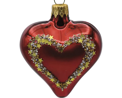 Sklenená vianočná ozdoba srdca 7 cm x 4 cm x 8 cm bordó Vianočná ozdoba v tvare srdca s hviezdami a perlami