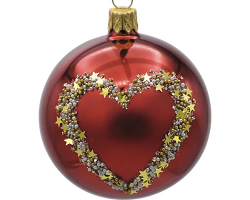 Sklenená vianočná ozdoba 8 cm x 8 cm x 9,5 cm bordó Vianočná guľa so srdiečkovým motívom z hviezd a perál