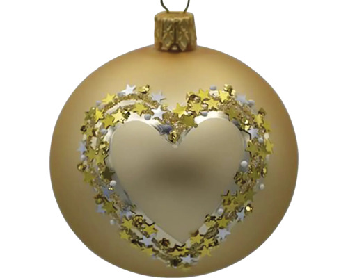 Sklenená vianočná ozdoba 8 cm x 8 cm x 9,5 cm zlatá Zlatá vianočná guľa so srdcom a hviezdami