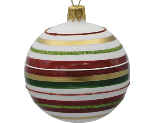 Sklenená vianočná ozdoba 9 cm x 9 cm x 10,5 cm biela Vianočná ozdoba s pruhovaným vzorom