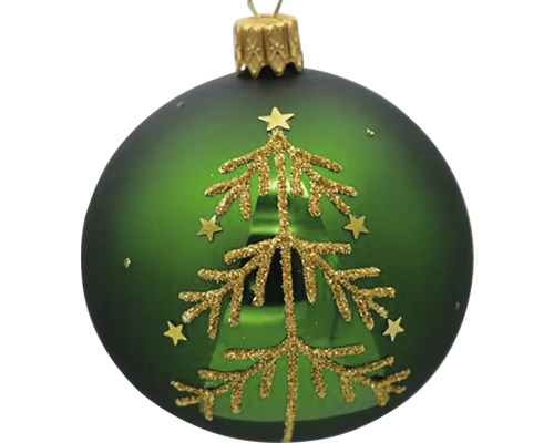 Sklenená vianočná ozdoba 7 cm x 7 cm x 8,5 cm zelená Zelená vianočná guľa so zlatým motívom vianočného stromčeka