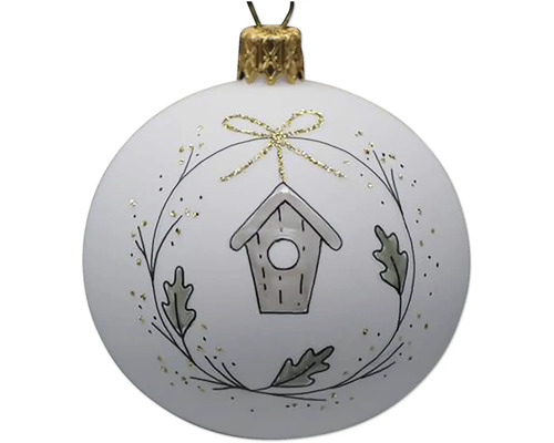 Sklenená vianočná ozdoba 7 cm x 7 cm x 8,5 cm biela Vianočná ozdoba s motívom vtáčej búdky