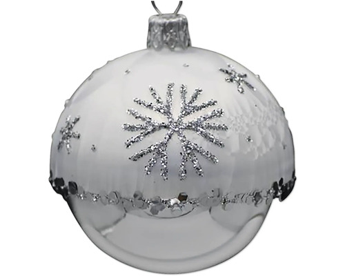 Sklenená vianočná ozdoba 8 cm x 8 cm x 9,5 cm strieborná Vianočná ozdoba s motívom snehovej vločky