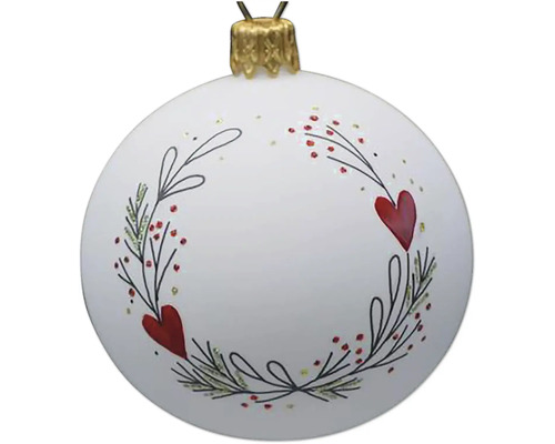 Sklenená vianočná ozdoba 7 cm x 7 cm x 8,5 cm biela Vianočná guľa so vzorom srdca a rastlín