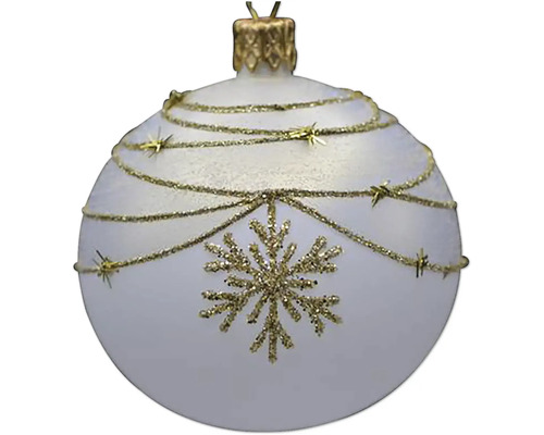 Sklenená vianočná ozdoba 7 cm x 7 cm x 8,5 cm biela Vianočná guľa so vzorom snehovej vločky