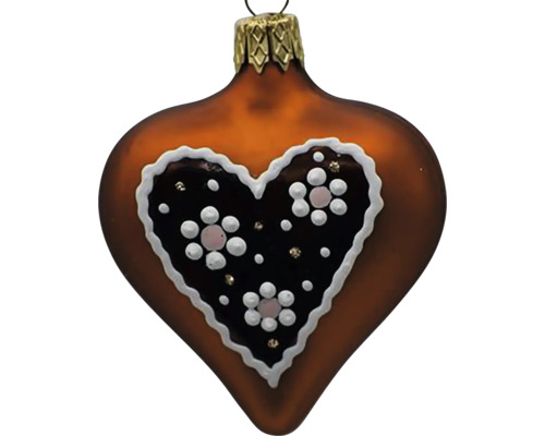 Sklenená vianočná ozdoba srdca 7 cm x 4 cm x 8 cm hnedá Ozdoba na vianočný stromček v tvare srdca s perníkovou dekoráciou