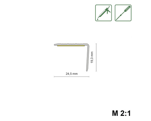 Profilový nákres schodového profilu s rozmermi 24,5 mm a 19,3 mm