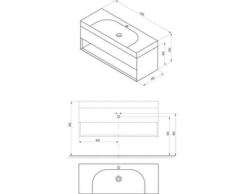 Technický nákres skrinky pod umývadlo s rozmermi