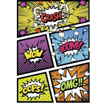 Dizajn v komiksovom štýle s bublinami a výrazmi ako Crash, Boom, Wow, Oops a OMG