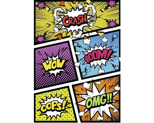 Dizajn v komiksovom štýle s bublinami a výrazmi ako Crash, Boom, Wow, Oops a OMG