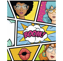 Komiksová ilustrácia so ženami, perami a slovom Boom