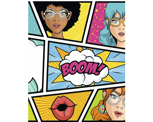 Komiksová ilustrácia so ženami, perami a slovom Boom