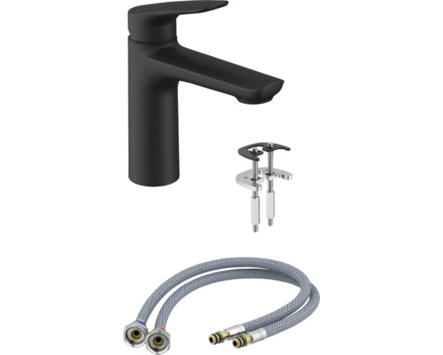 Čierna umývadlová batéria s montážnym príslušenstvom a pripojovacími hadicami