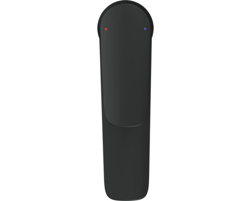 Čierna umývadlová batéria s označením teplej a studenej vody