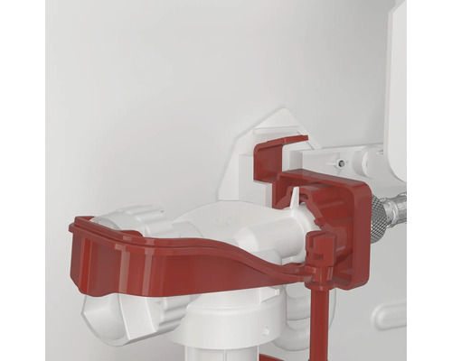 Detailný pohľad na splachovanie toalety s červeným držiakom