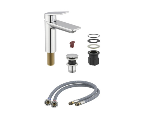 Umývadlová batéria s odtokovou súpravou a pripojovacími hadicami