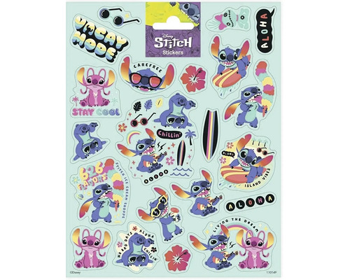 Sada samolepiek Disney Stitch s rôznymi motívmi Stitch, ako je Stitch so slnečnými okuliarmi, gitarou alebo surfovacou doskou