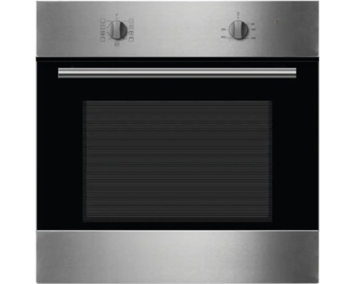 Vstavaná nerezová rúra s čiernymi sklenenými dvierkami a otočnými gombíkmi