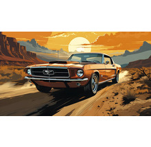 Oranžový Ford Mustang na púštnom pozadí