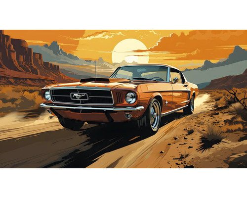 Oranžový Ford Mustang na púštnom pozadí