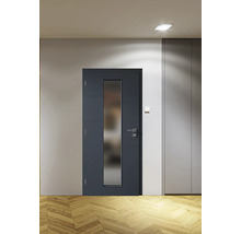 Modré vstupné dvere so sklenenou vložkou v modernom interiéri